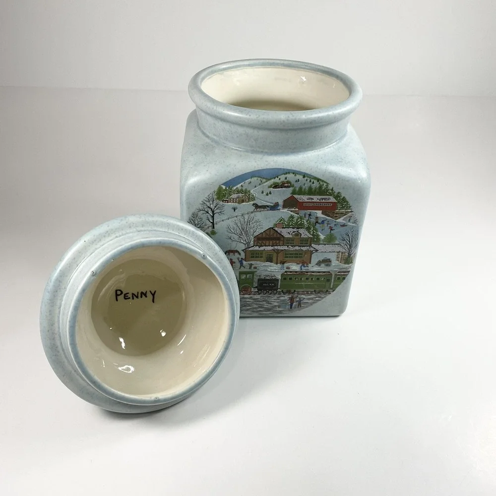 Vintage Ceramic Pale Blue Spackle Lidded Cookie Jar  Winter Small Town Picture